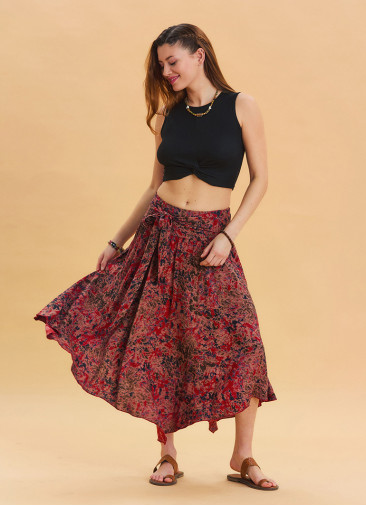 Red Patterned Bohemian Skirt with Gipe Detail and Tied Waist 4507